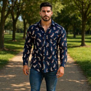 North Pole Trading Co Men XL AOP Dog Long Sleeve Button Shirt Graphic Preppy Y2K